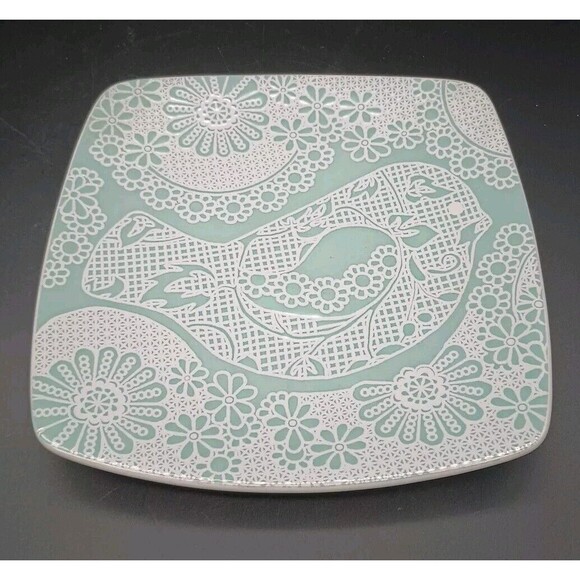 Roscher Canary Plate Embossed Bird Boho Teal Floral Square - Picture 3 of 6